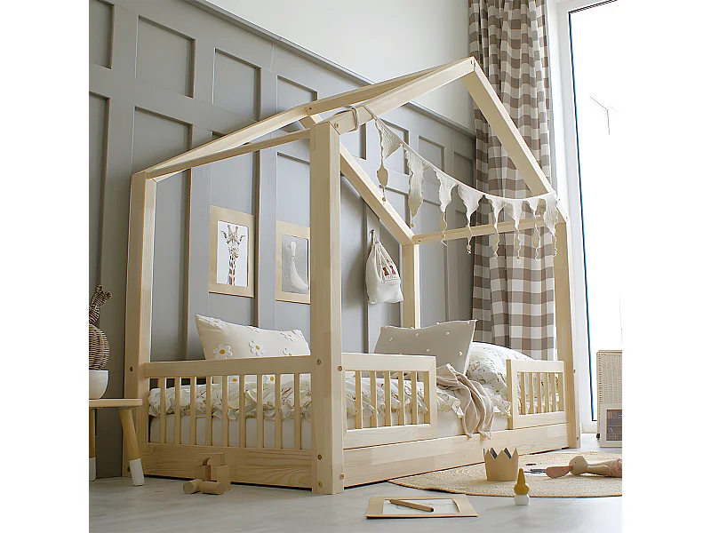 Lit cabane 90x190 barrières et sommier inclus pieds 1 cm Iris Bois