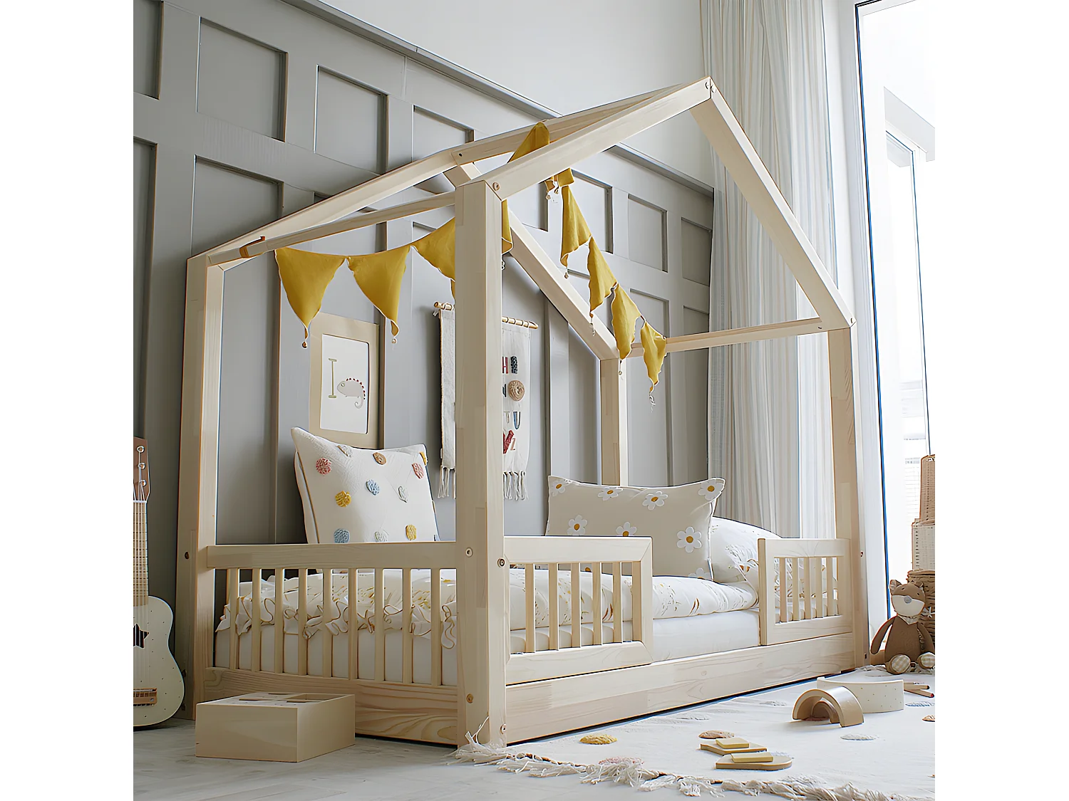 Lit cabane 90x190 barrières et sommier inclus pieds 1 cm Iris Bois