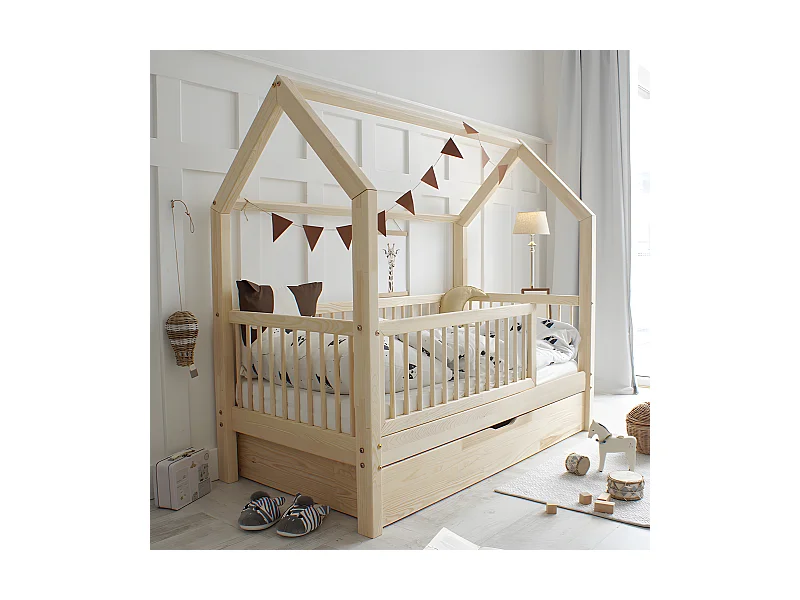 Cama de barreira Florie Bois 90x190 com estrado de molas e gaveta