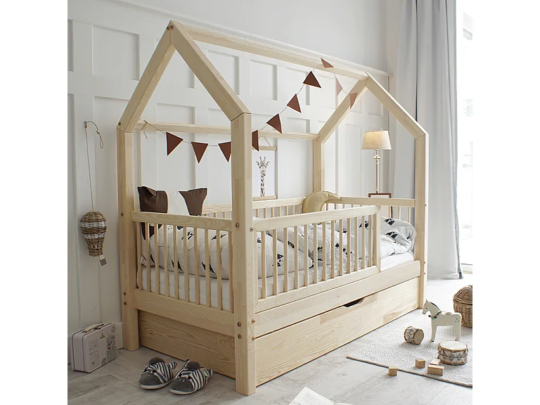 Lit cabane 90x190 barrière sommier et tiroir inclus Florie Bois