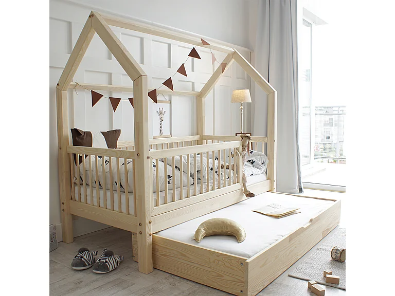 Lit cabane 90x190 barrière sommier et tiroir inclus Florie Bois