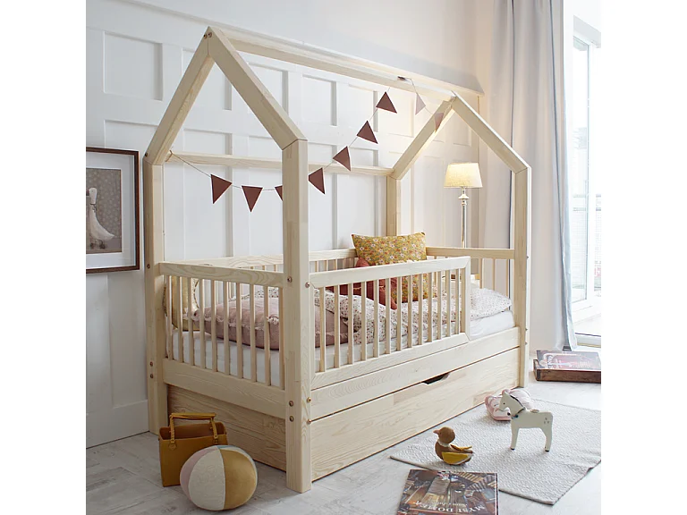 Lit cabane 90x190 barrière sommier et tiroir inclus Florie Bois