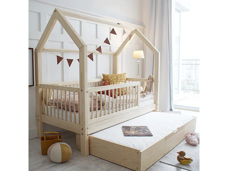 Lit cabane 90x190 barrière sommier et tiroir inclus Florie Bois