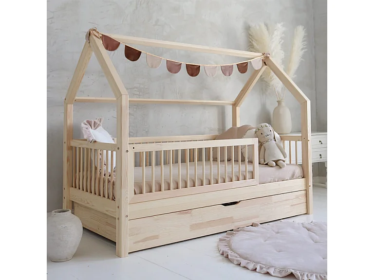 Lit cabane 90x190 barrière sommier et tiroir inclus Florie Bois