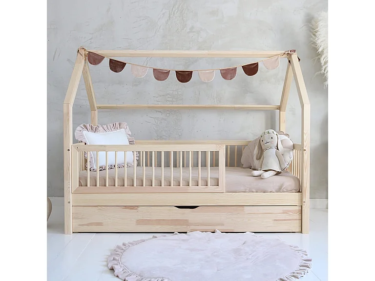 Lit cabane 90x190 barrière sommier et tiroir inclus Florie Bois