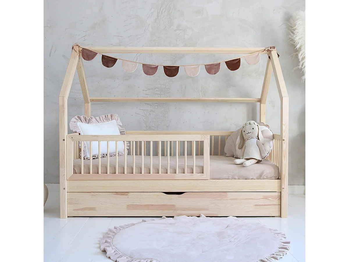 Lit cabane 90x190 barrière sommier et tiroir inclus Florie Bois