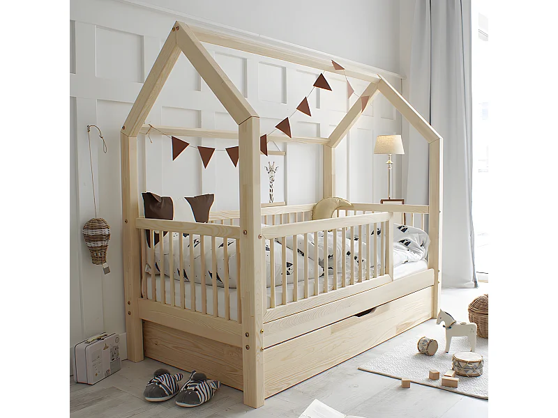 Lit cabane 90x190 barrière sommier et tiroir inclus Florie Bois