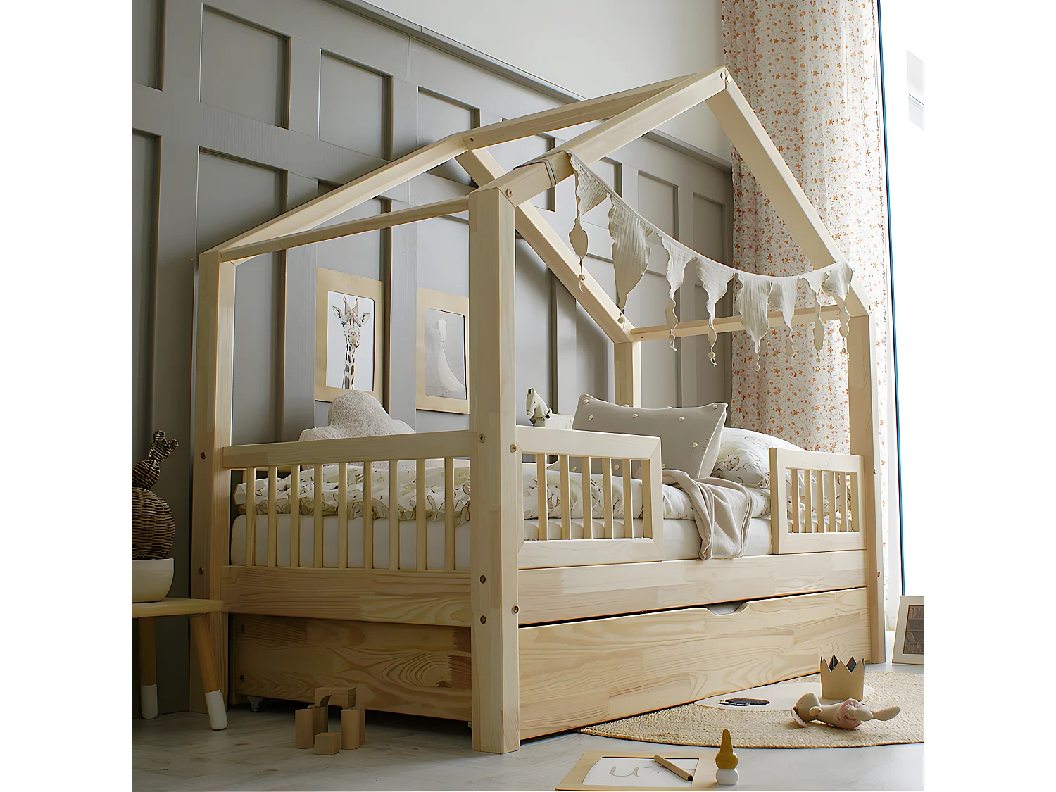 Cama 90x190 con barandilla somier y cajón Iris Madera