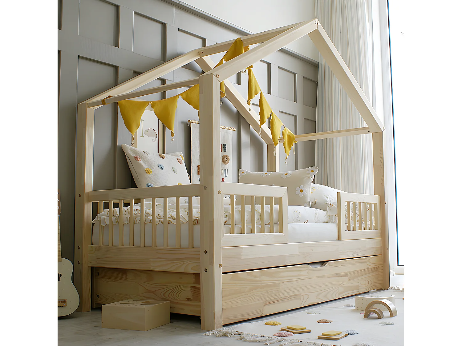 Cama 90x190 con barandilla somier y cajón Iris Madera