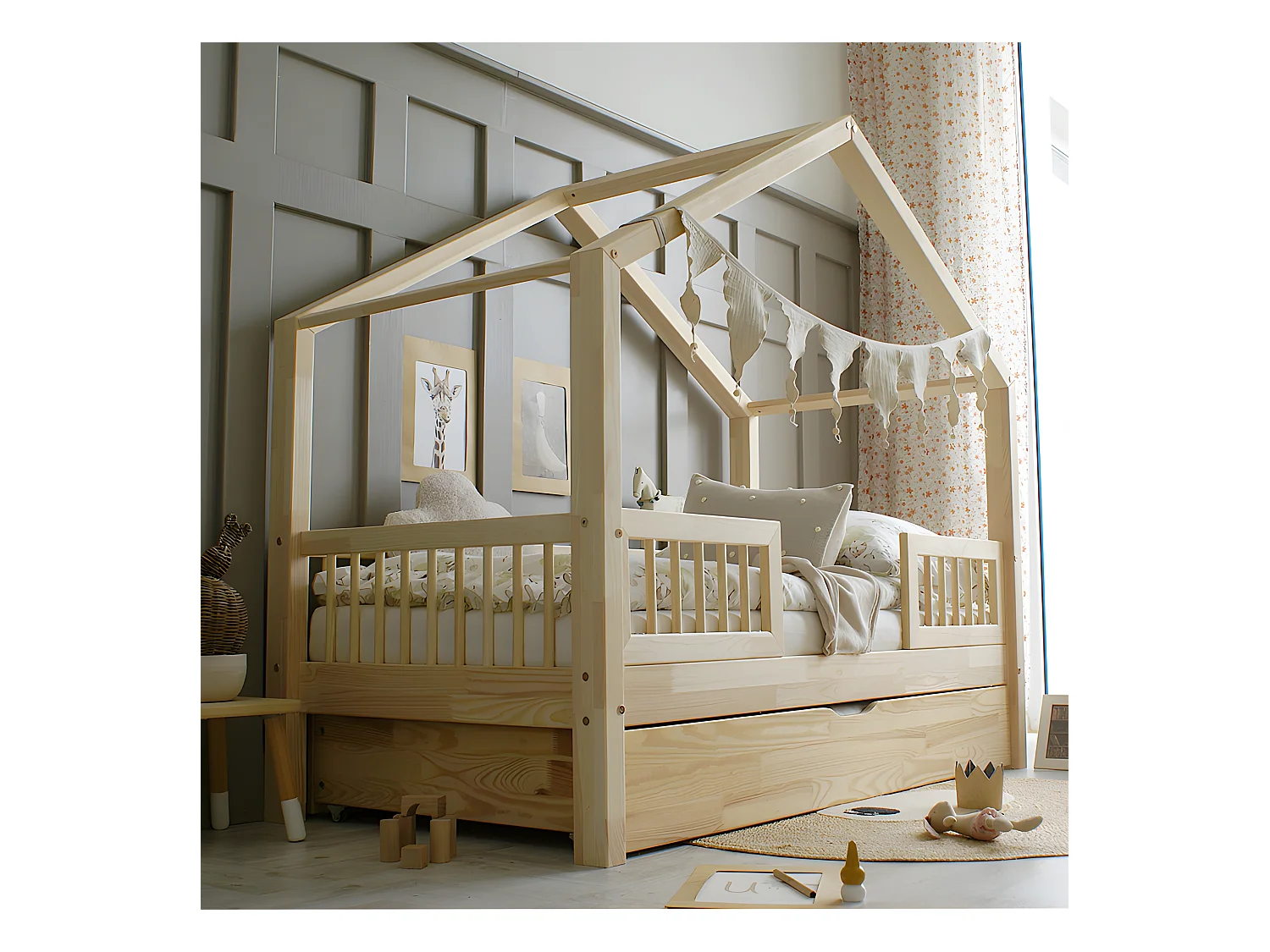 Lit cabane 90x190 barrières sommier et tiroir inclus Iris Bois