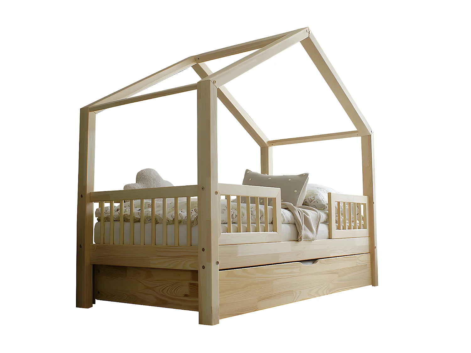 Lit cabane 90x190 barrières sommier et tiroir inclus Iris Bois