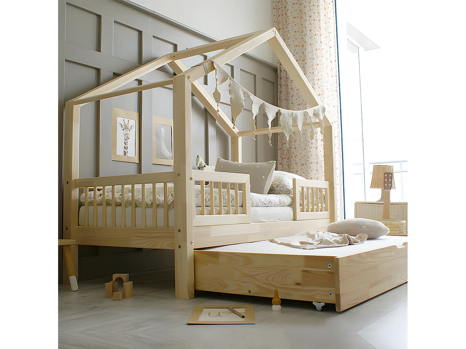 Lit cabane 90x190 barrières sommier et tiroir inclus Iris Bois