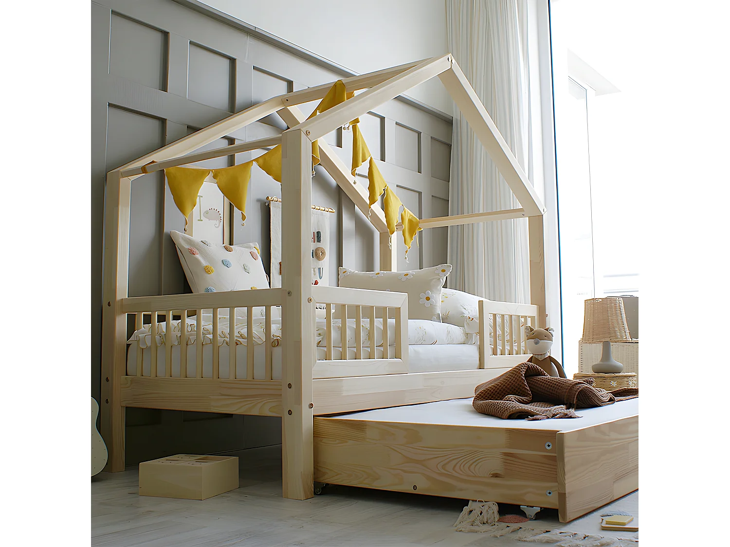 Lit cabane 90x190 barrières sommier et tiroir inclus Iris Bois