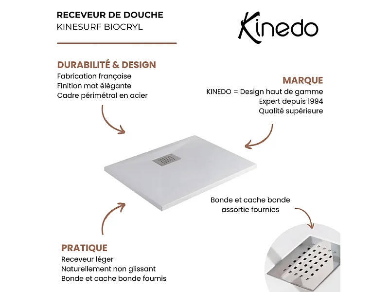Receveur de douche KINEDO Kinesurf biotec rectangle Blanc 150 x 90 x 4 bonde centre longueur