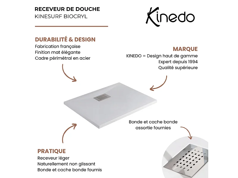 Receveur de douche KINEDO Kinesurf biotec rectangle Blanc 150 x 90 x 4 bonde centre longueur