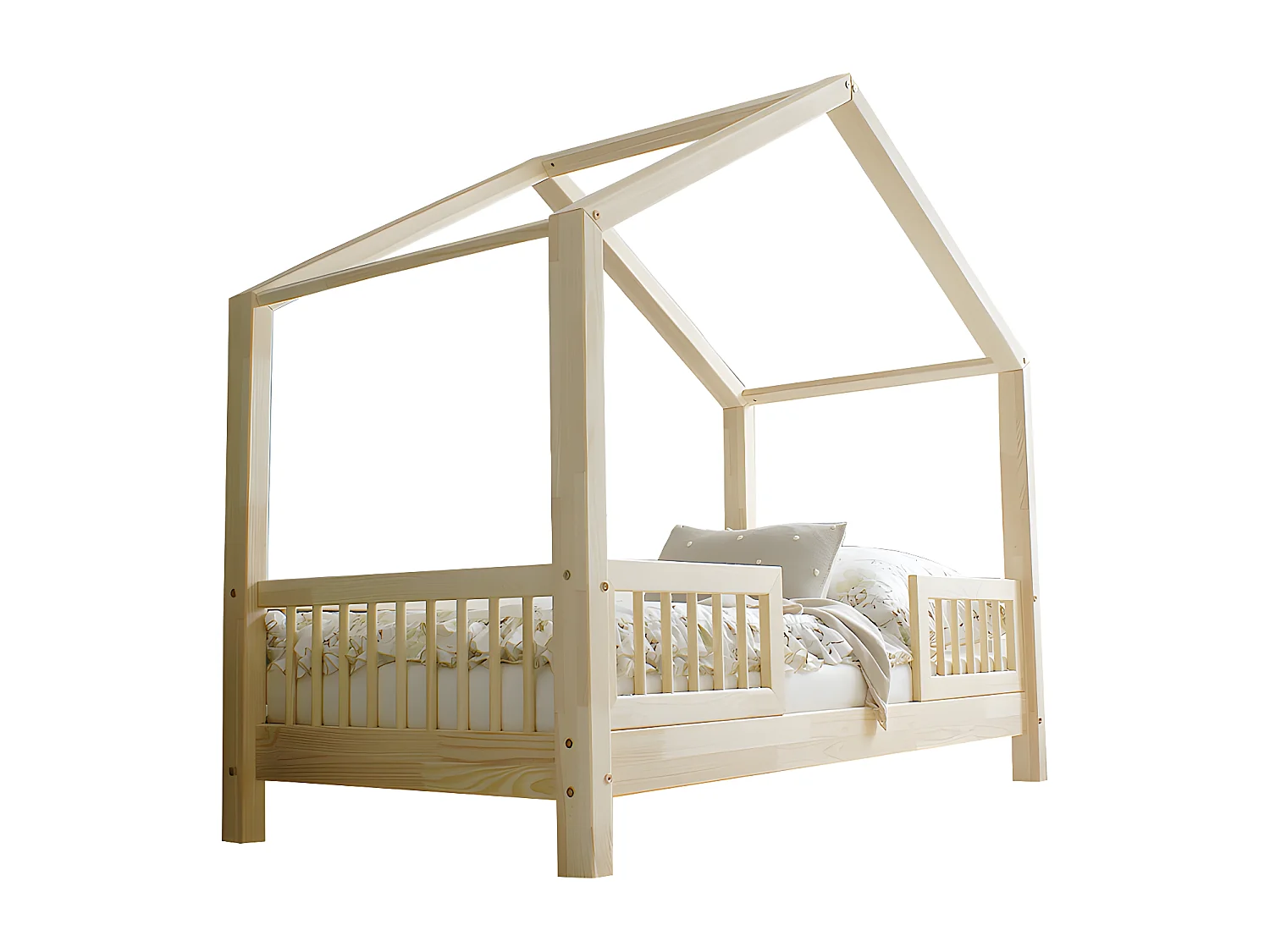 Cama 90x200 con barandillas y somier patas de 10 cm Iris Madera