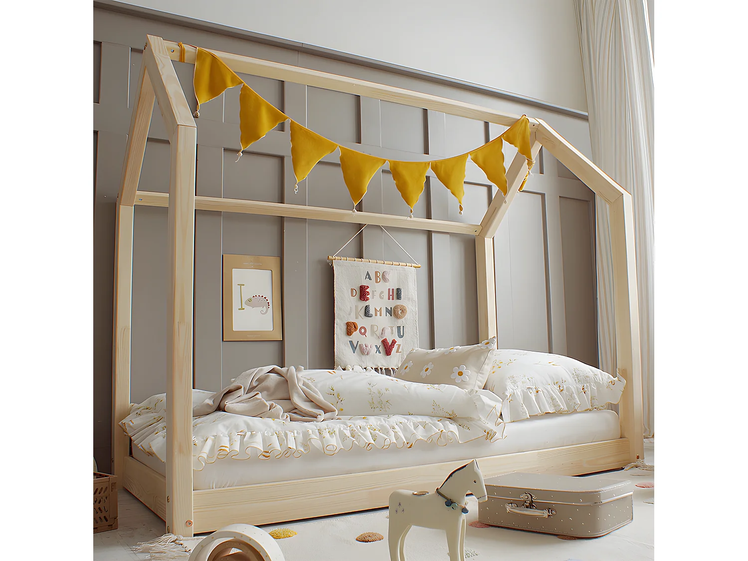 Lit cabane 90x200 sommier inclus pieds 1 cm Rachel Bois