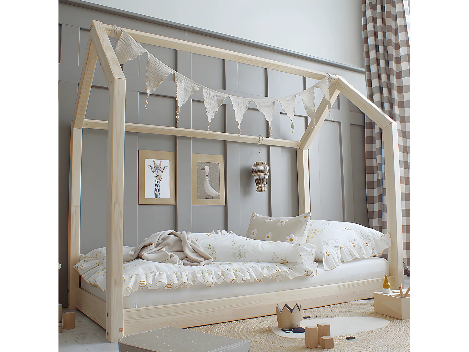 Lit cabane 90x200 sommier inclus pieds 1 cm Rachel Bois