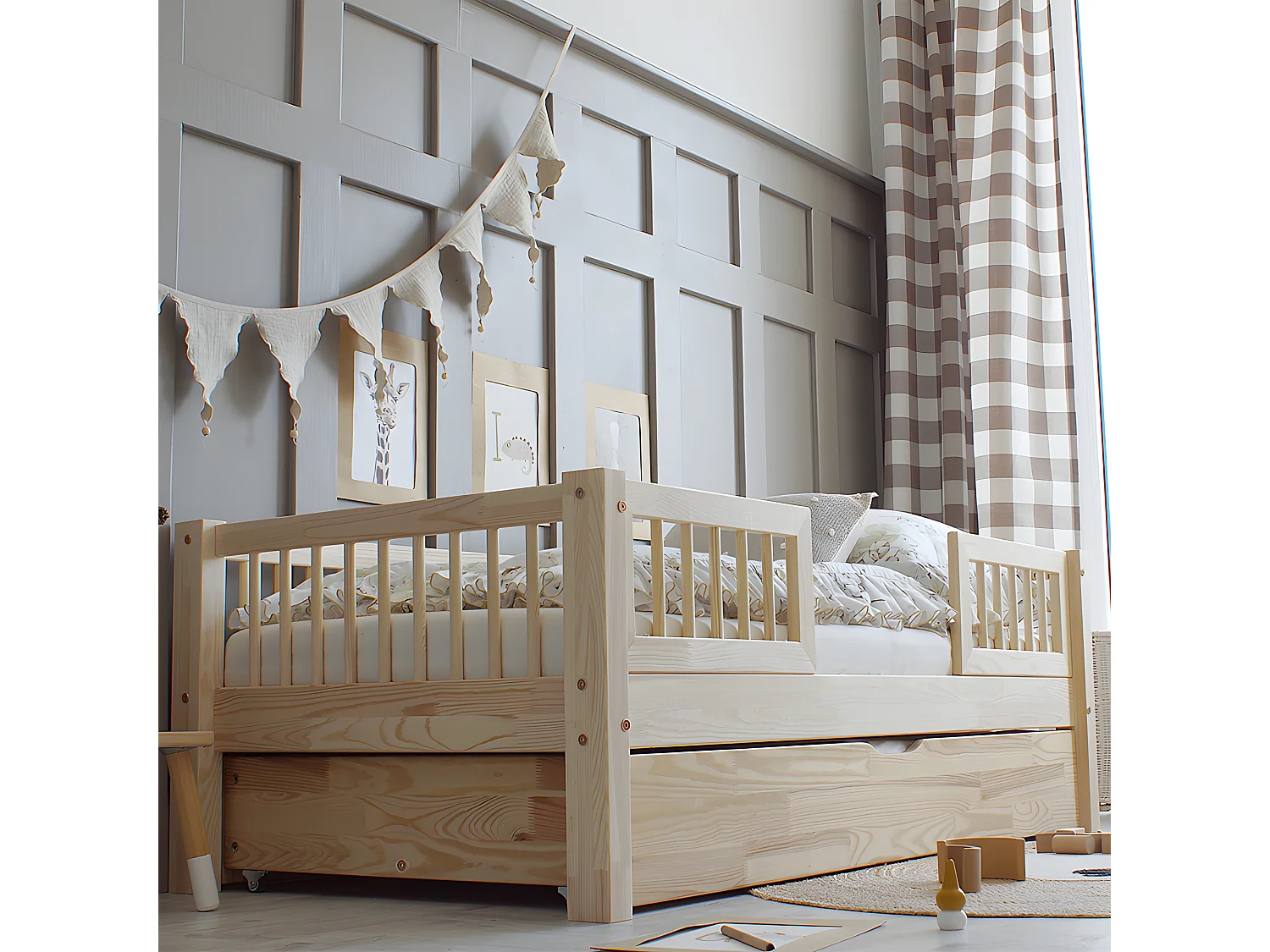 Cama 90x190 con barandillas somier y cajón Adèle Madera