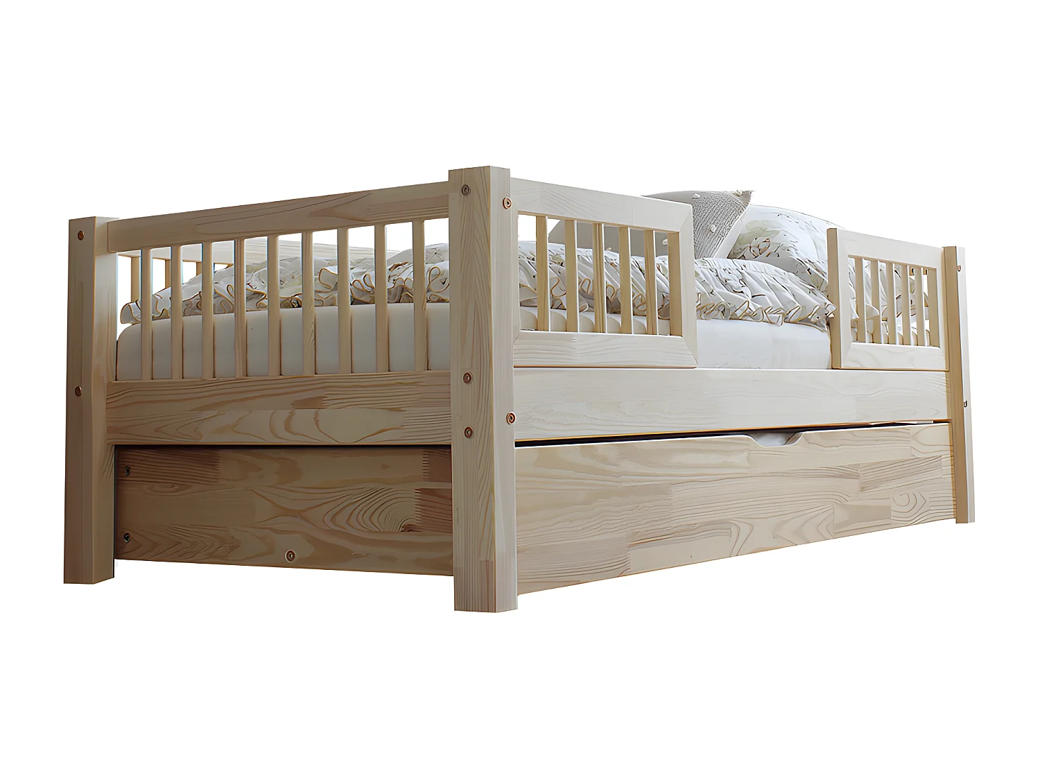 Cama 90x190 con barandillas somier y cajón Adèle Madera