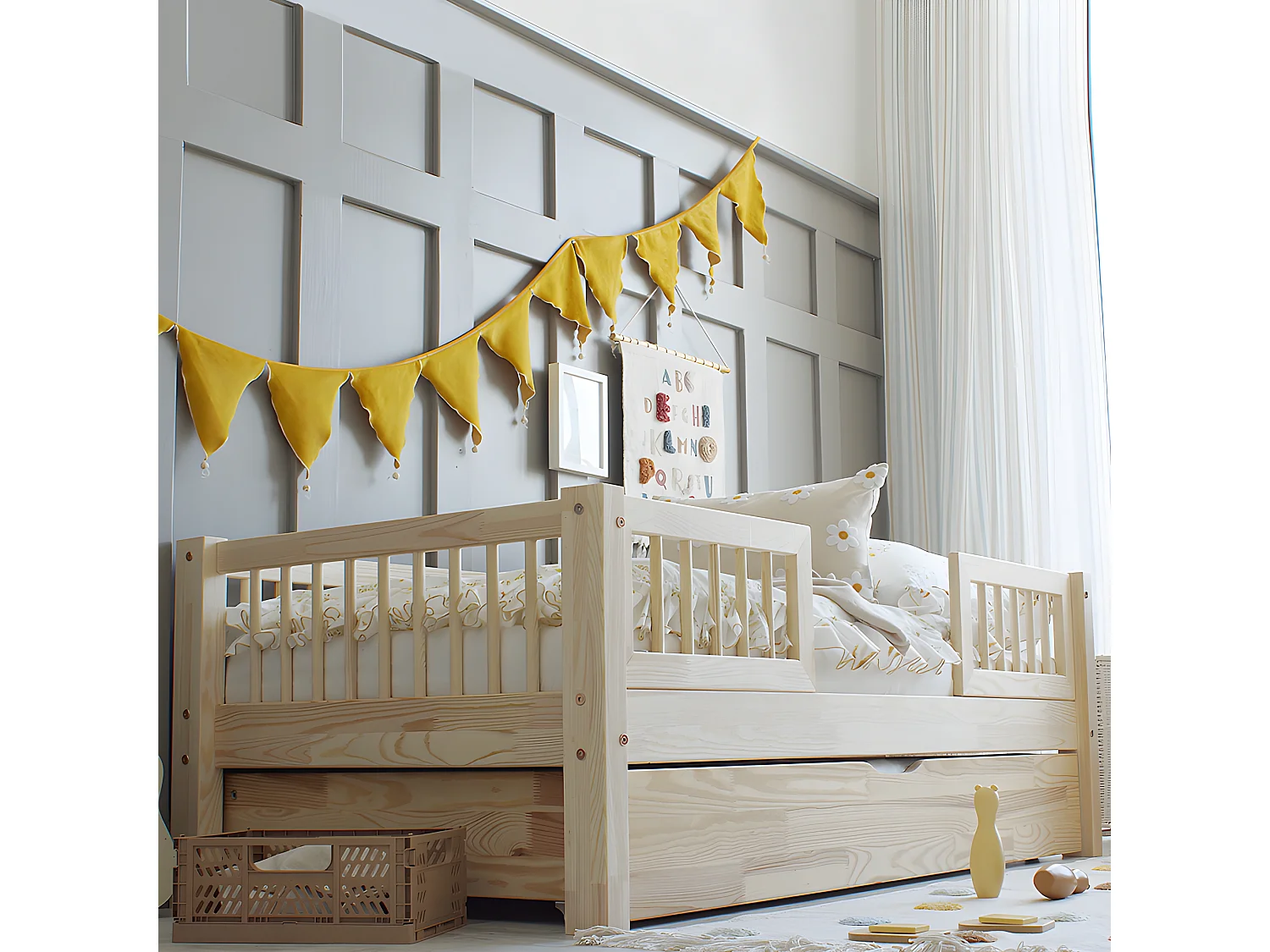 Cama 90x190 con barandillas somier y cajón Adèle Madera