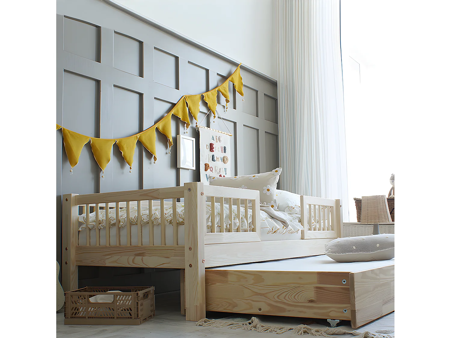 Cama 90x190 con barandillas somier y cajón Adèle Madera