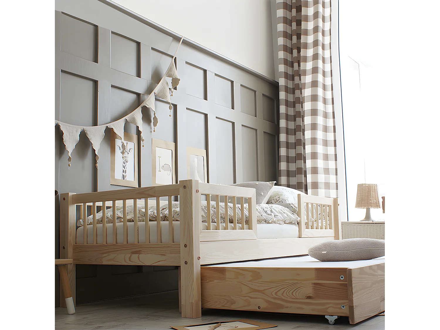 Cama de barreira 90x190 com base de ripas e gaveta Adèle Bois