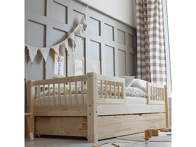 Letto a barriera 90x190 con rete a doghe e cassetto Adèle Bois