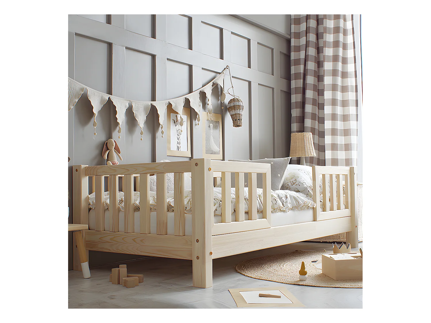 Lit 90x190 barrières et sommier inclus pieds 10 cm Agnès Bois