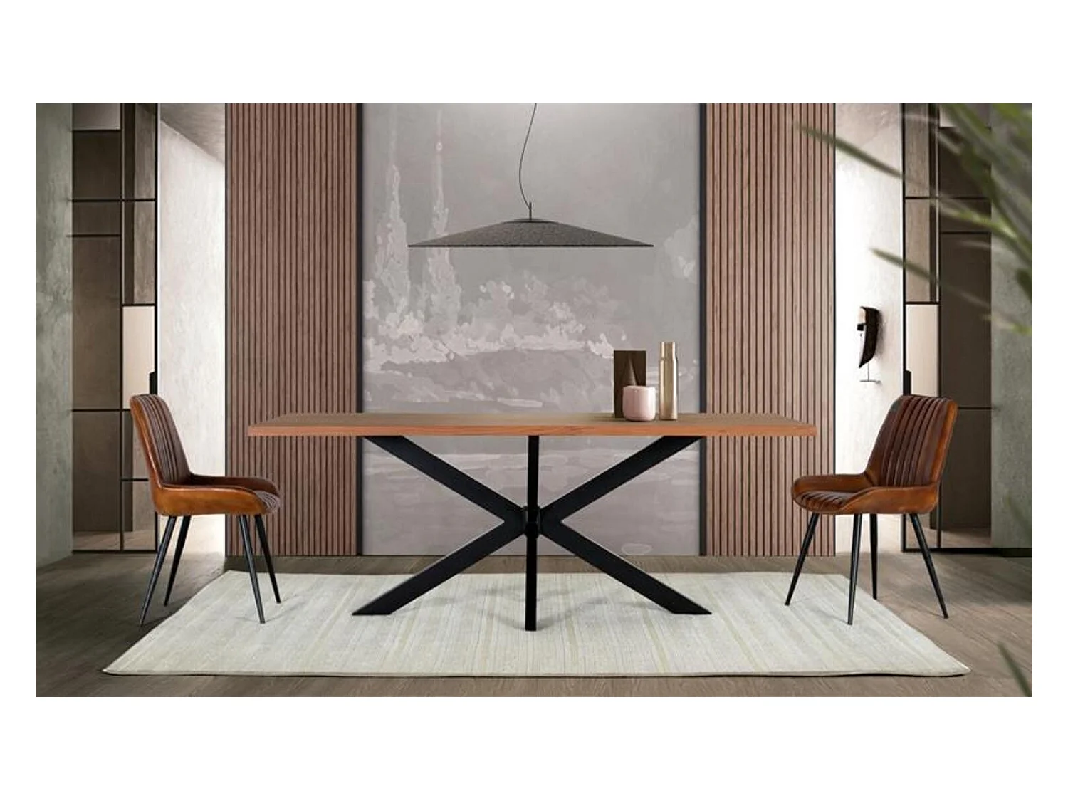 Table à manger en bois d'acacia naturel et pieds en métal noir