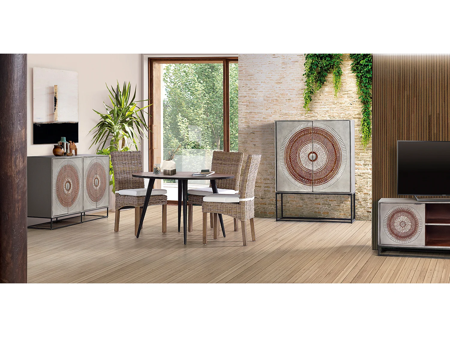 Tables de salle à manger en bois de manguier 120 cm, style industriel ethnique contemporain - 75 x 120 x 120