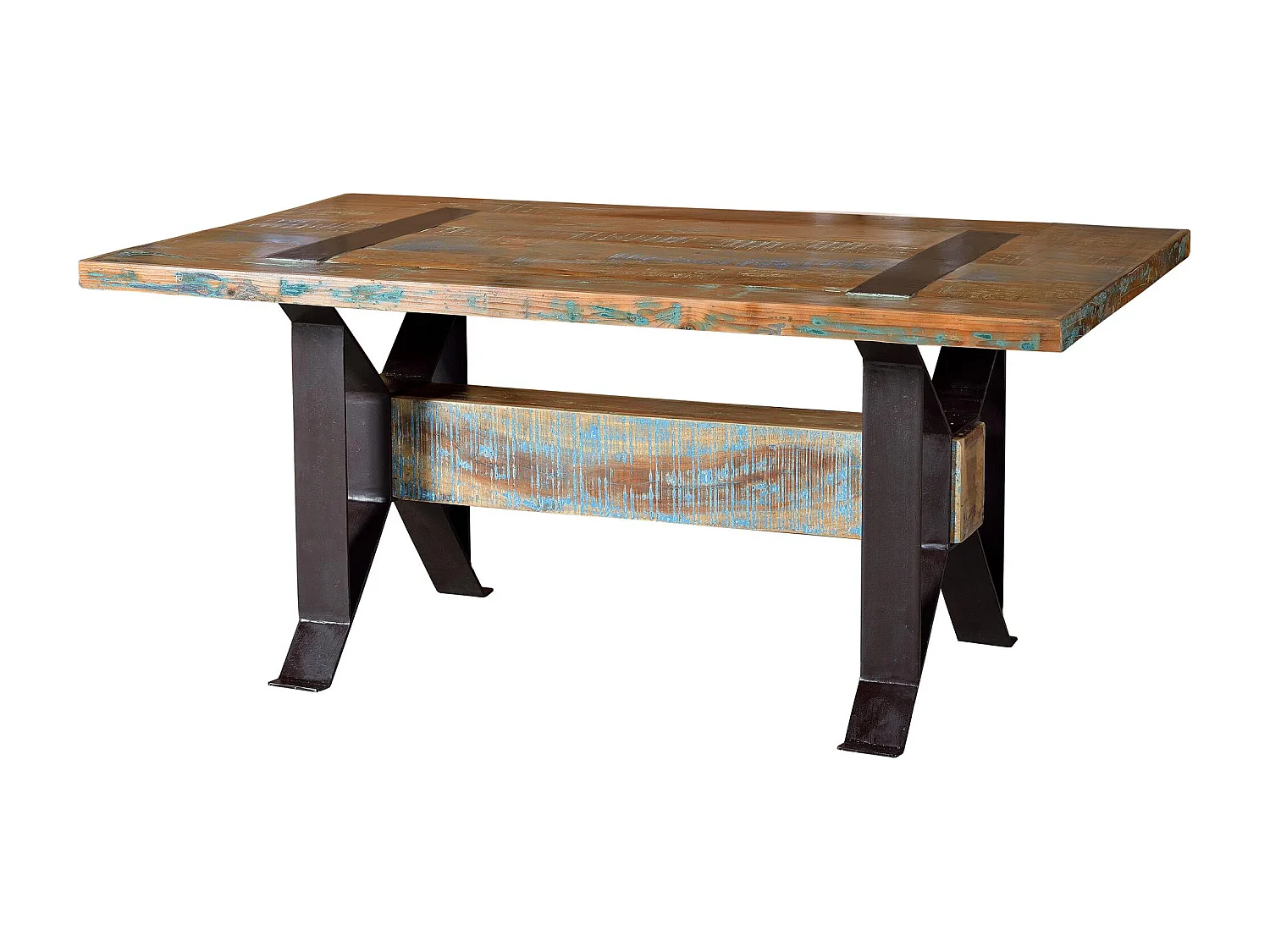 Exclusieve tafel in gerecycled hout en metalen onderdelen
