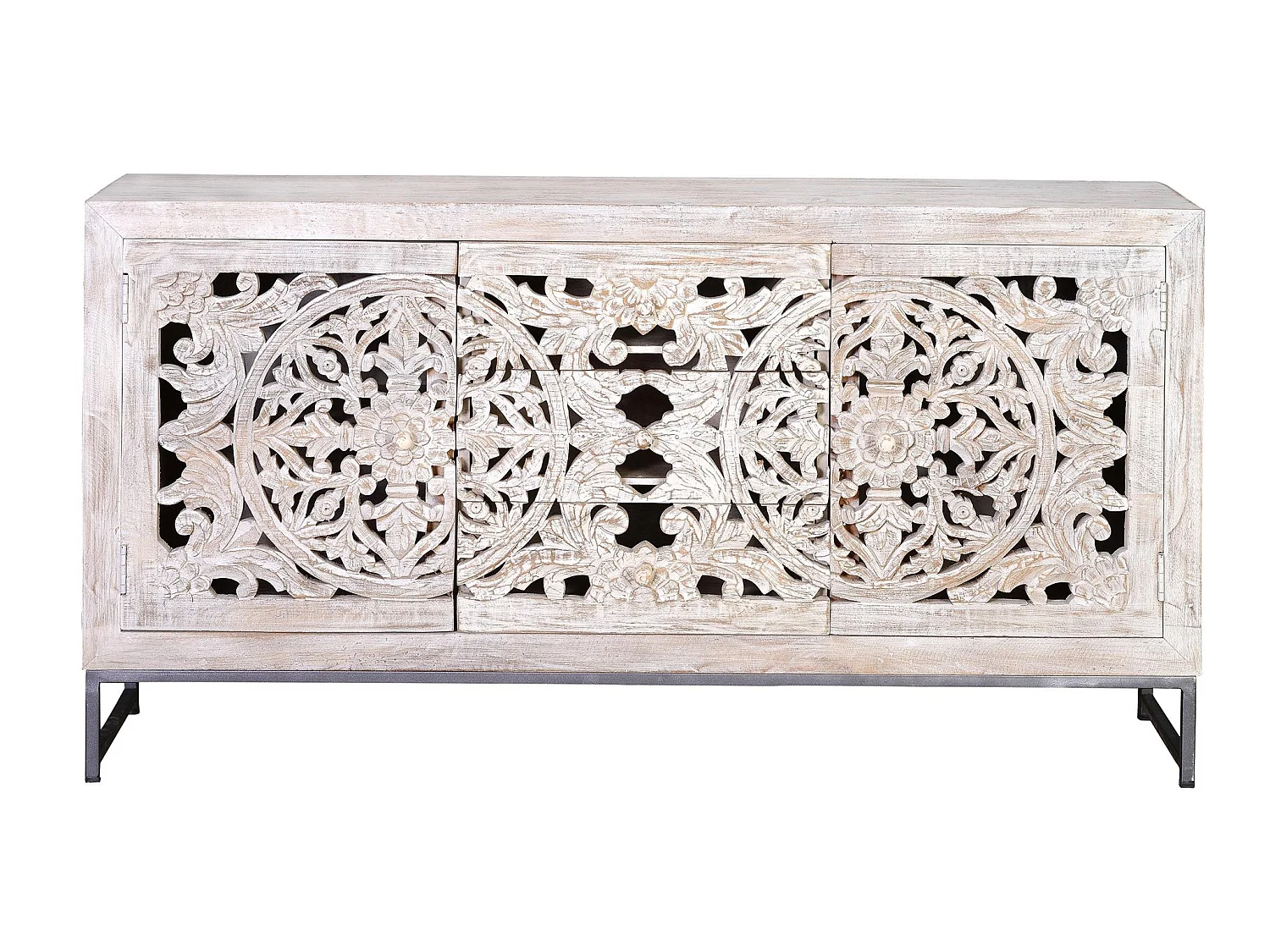 Buffet en bois de manguier, style bohème ethnique, sculpté - 80 x 150 x 38