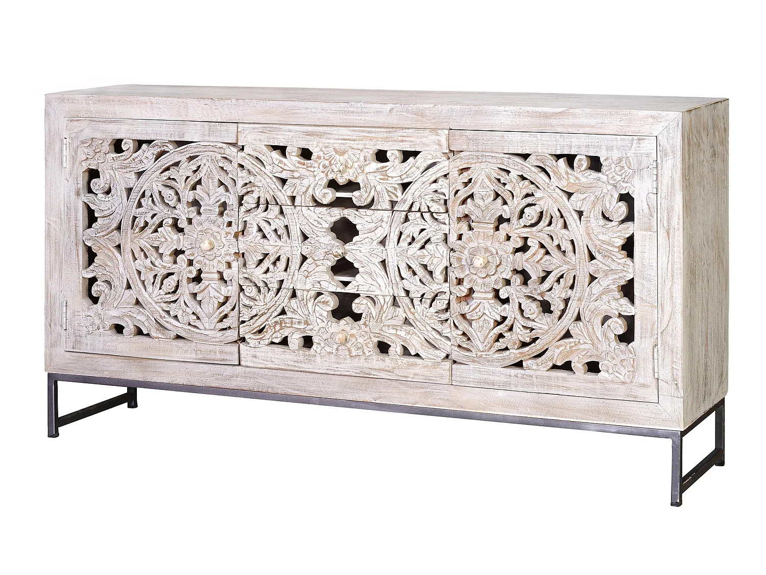 Buffet en bois de manguier, style bohème ethnique, sculpté - 80 x 150 x 38