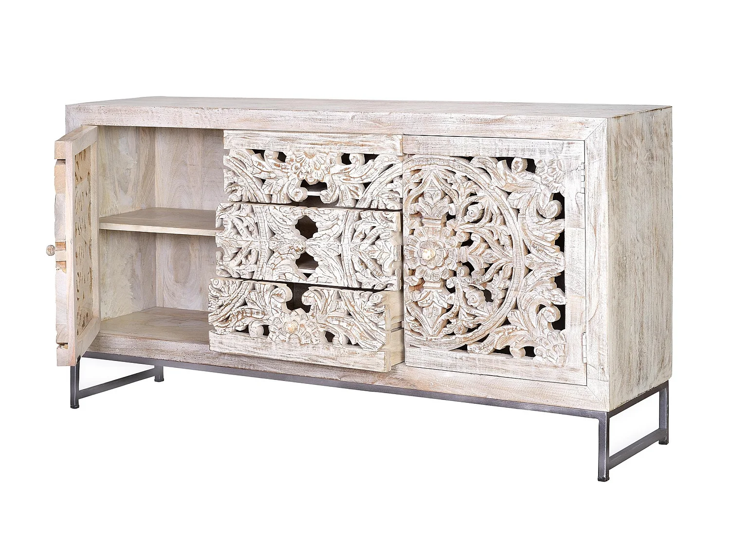 Buffet en bois de manguier, style bohème ethnique, sculpté - 80 x 150 x 38