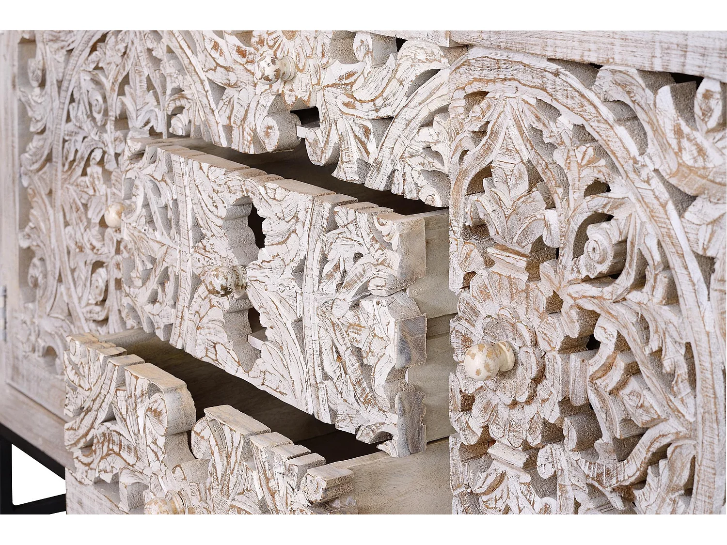 Buffet en bois de manguier, style bohème ethnique, sculpté - 80 x 150 x 38