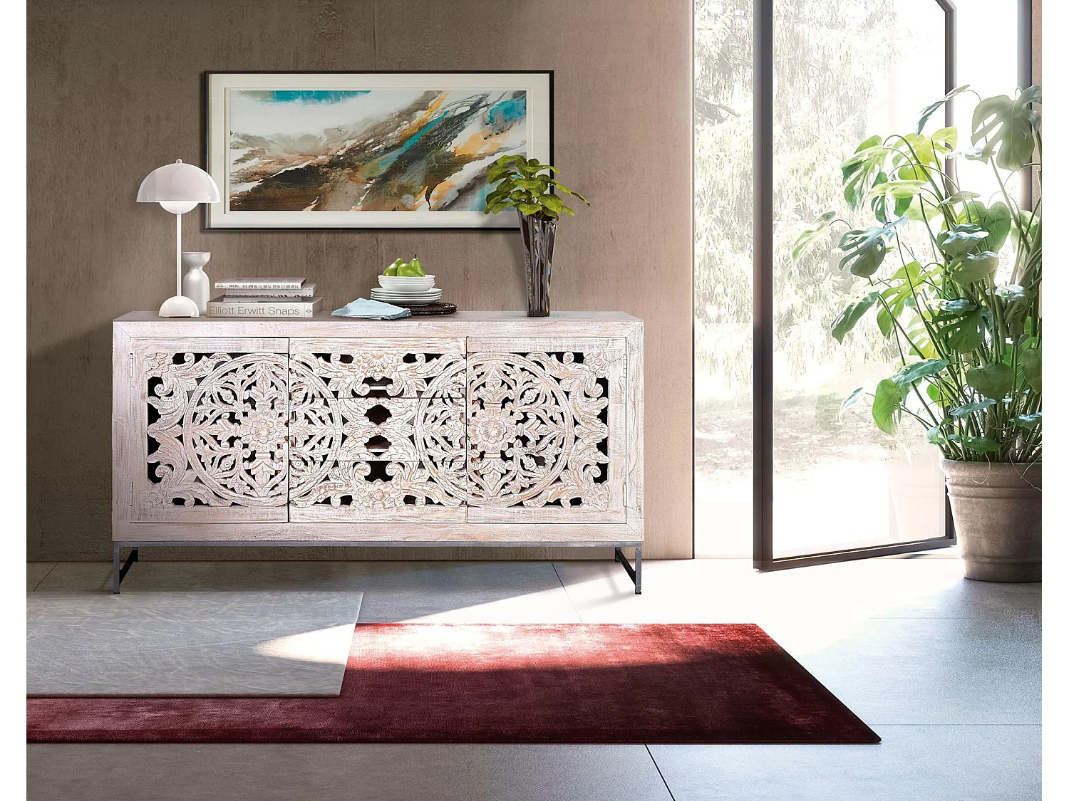 Buffet en bois de manguier, style bohème ethnique, sculpté - 80 x 150 x 38