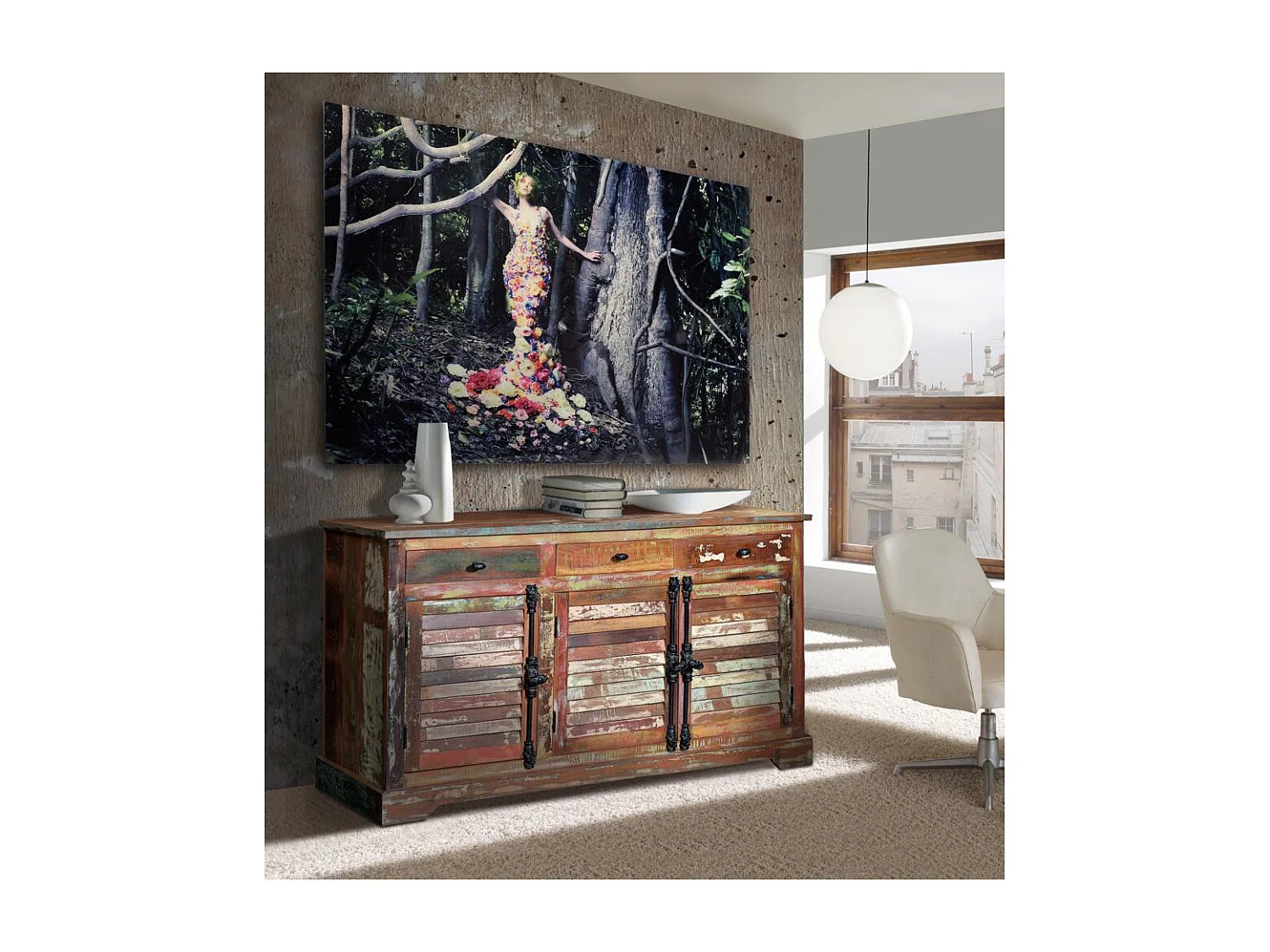 Buffet en bois recyclé multicolore