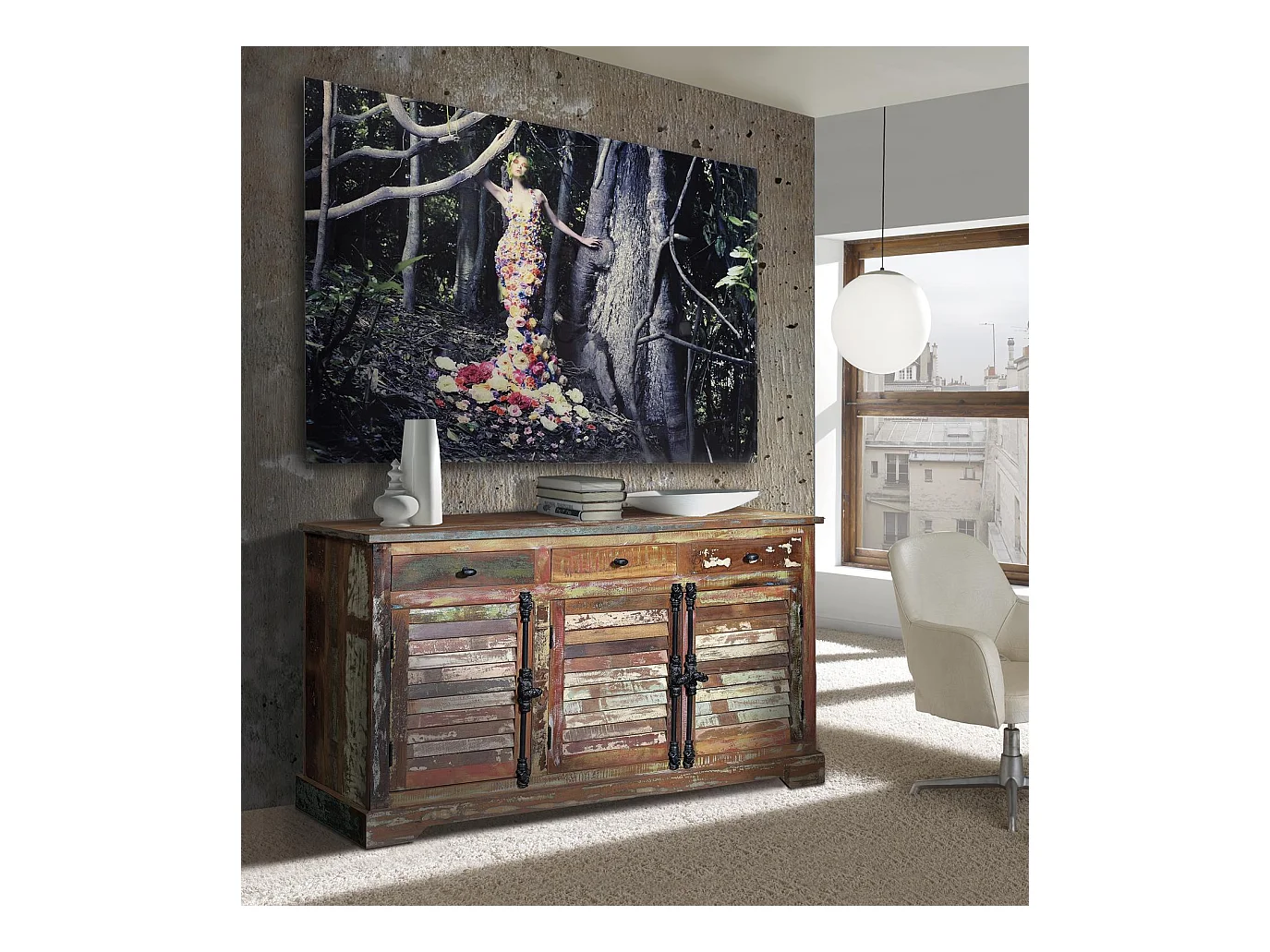 Buffet en bois recyclé multicolore