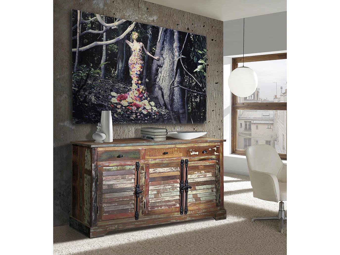 Buffet en bois recyclé multicolore