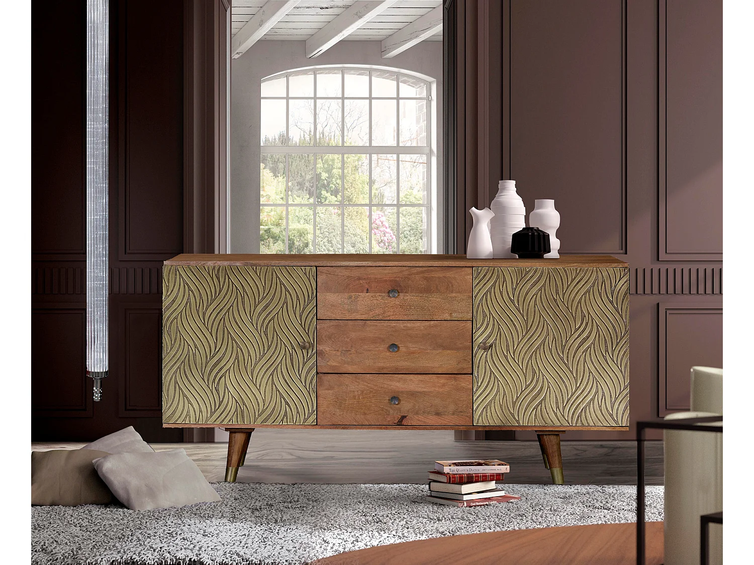 Buffet en bois de manguier, style rétro moderne - 78 x 160 x 40