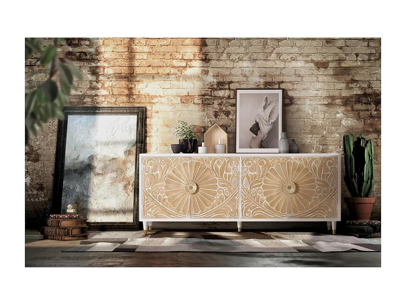 Buffet en bois de manguier avec des détails en or blanc