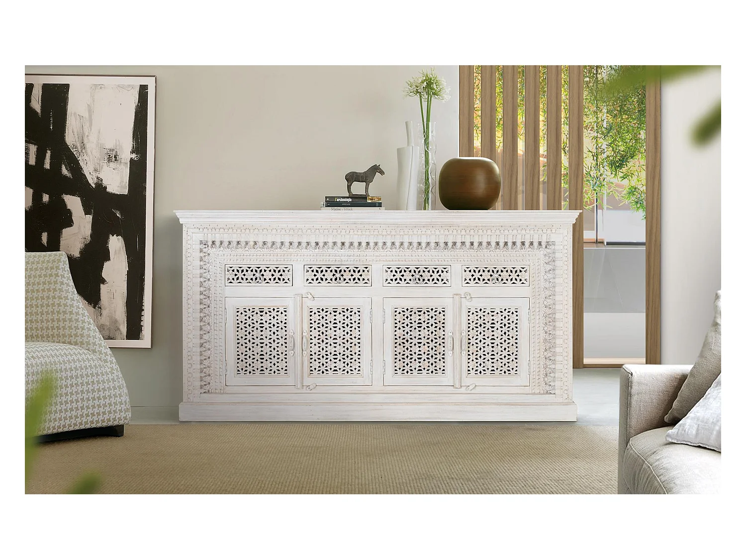 Buffet en bois manguier blanc vieilli