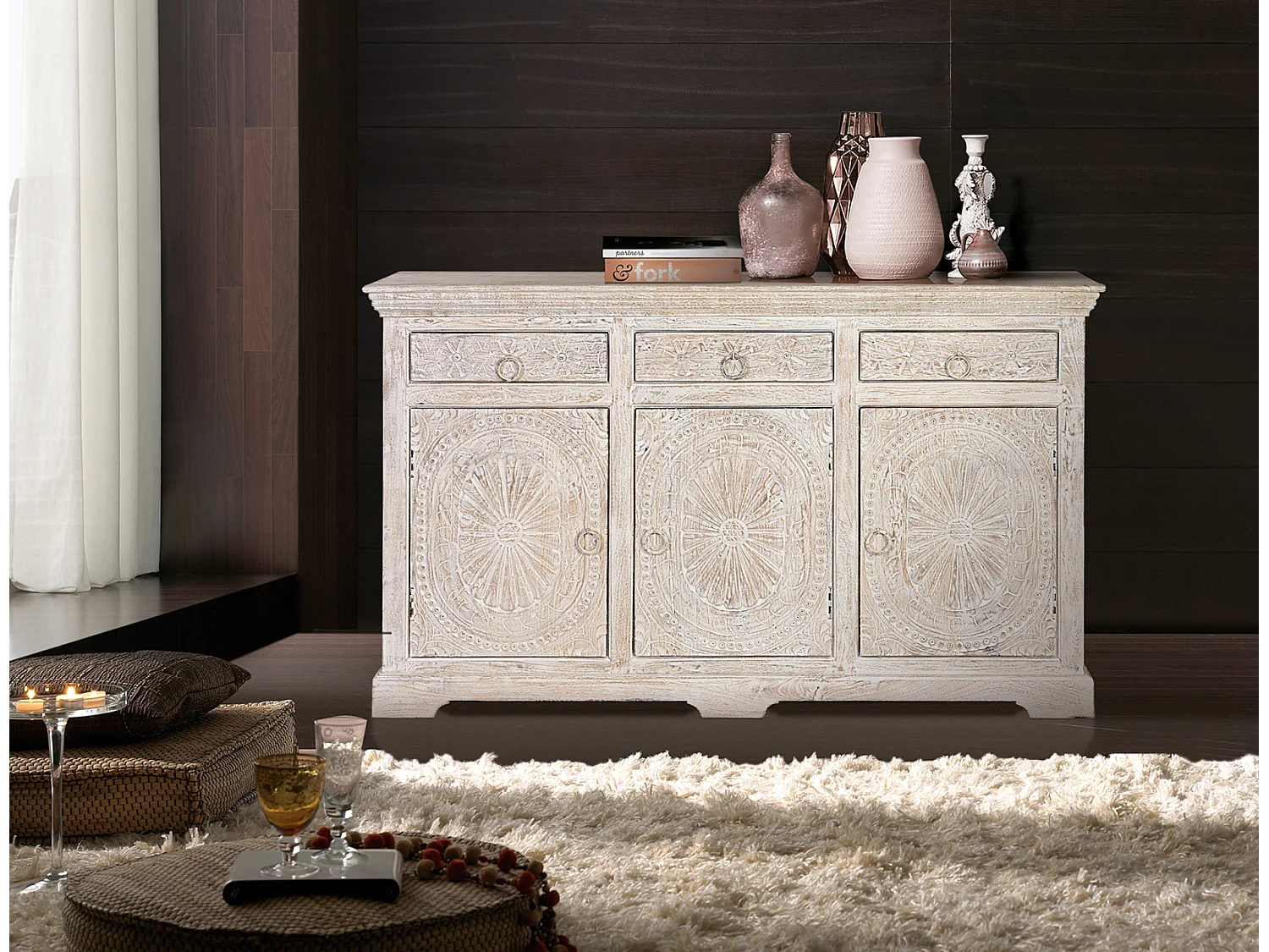 Buffet en bois de manguier de style méditerranéen moderne - 90 x 150 x 40