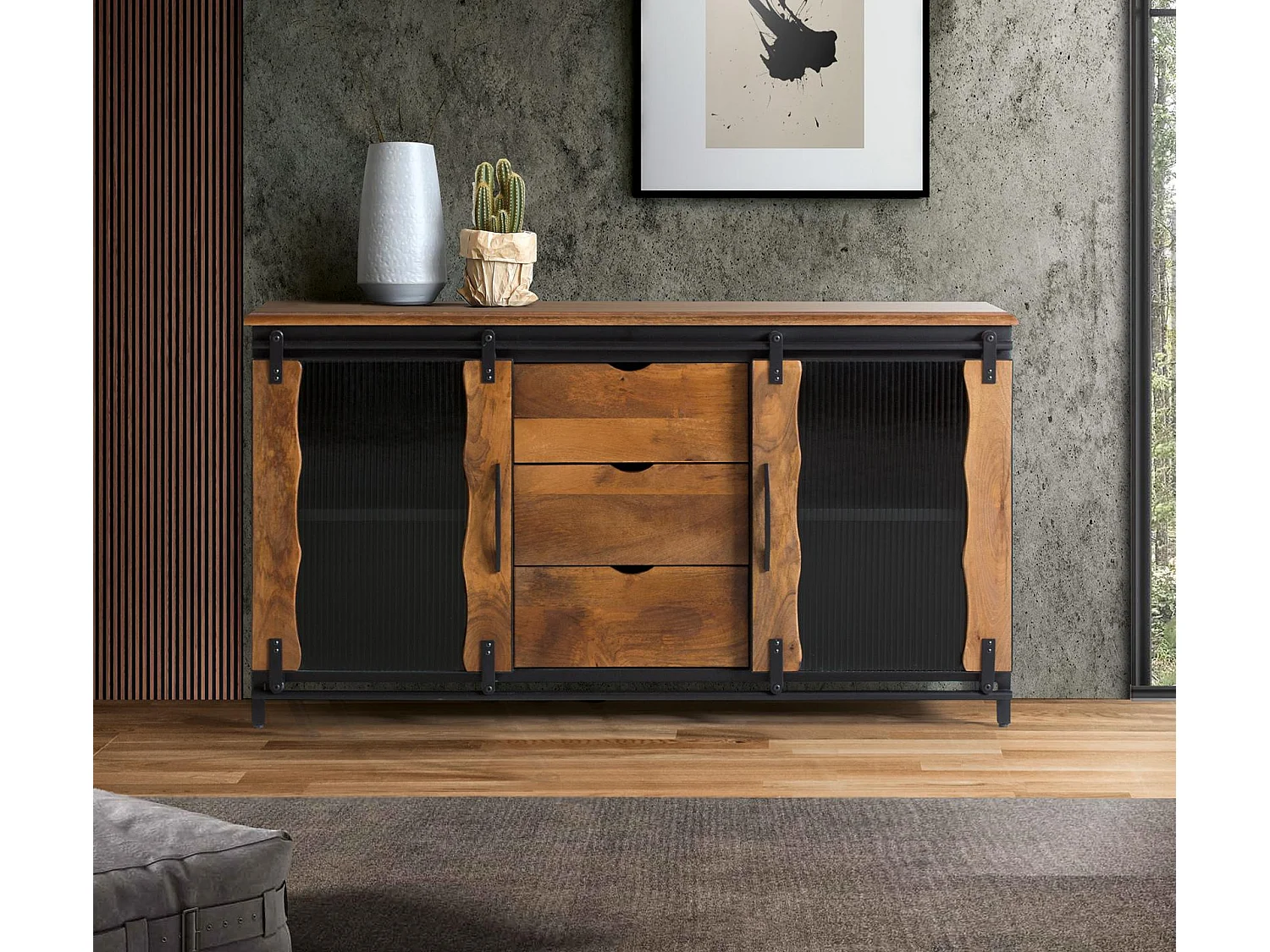 Buffet en bois de manguier et métal, style industriel - 80 x 150 x 40