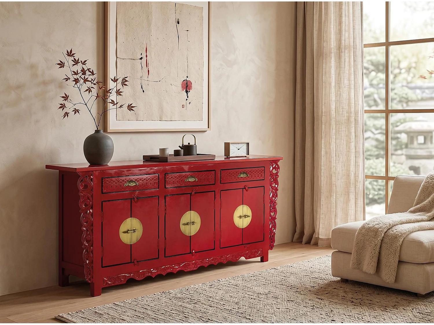 Buffet en bois de manguier, style oriental - 84 x 180 x 40