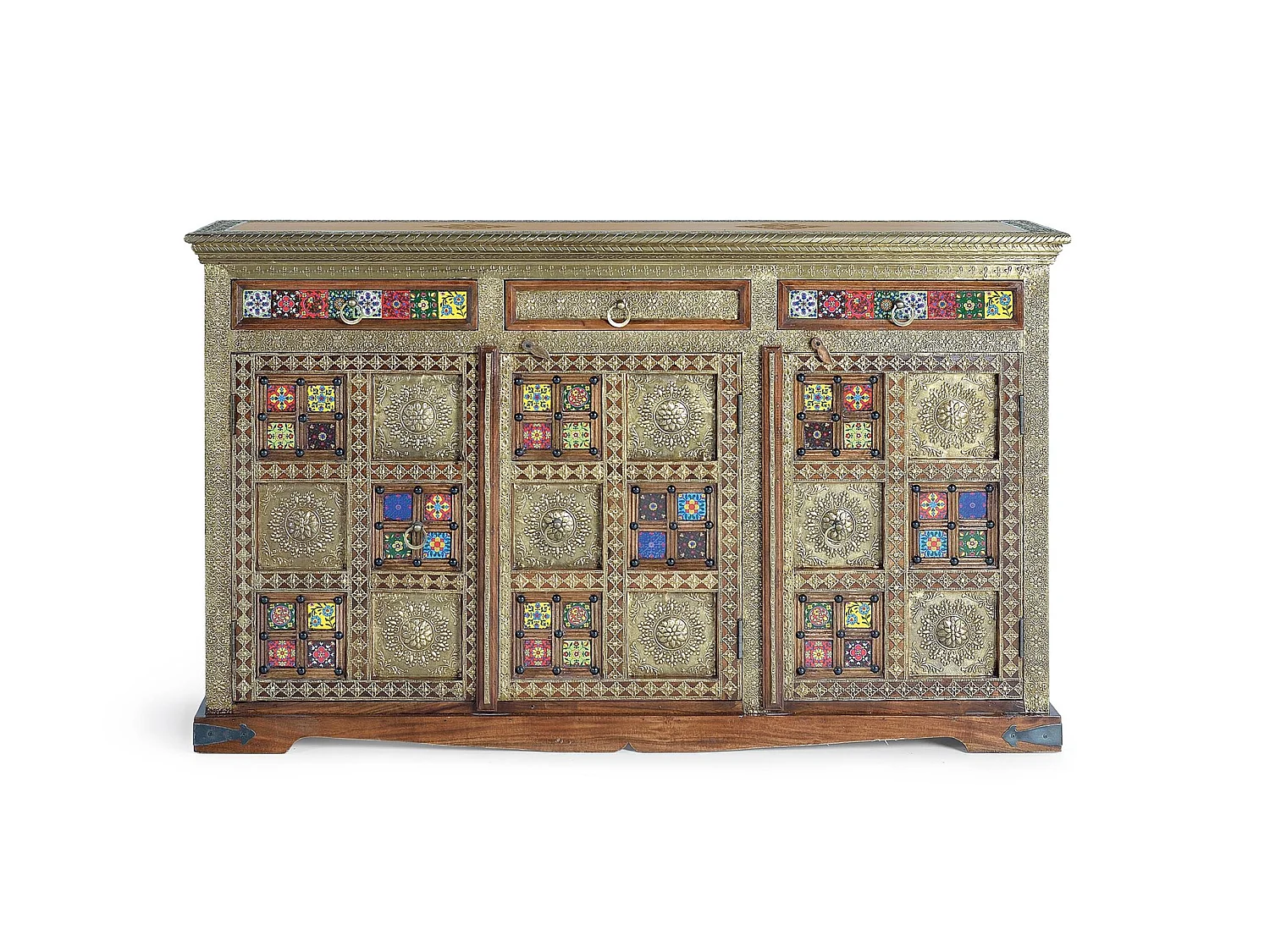Buffet en bois d'acacia, style ethnique artisanal - 90 x 150 x 40