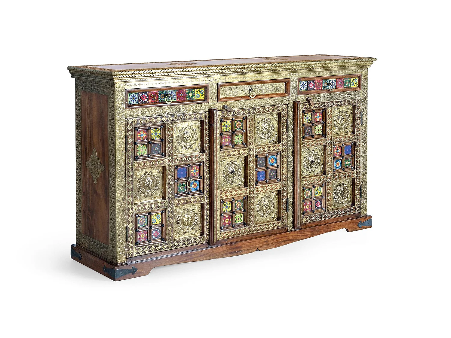Buffet en bois d'acacia, style ethnique artisanal - 90 x 150 x 40