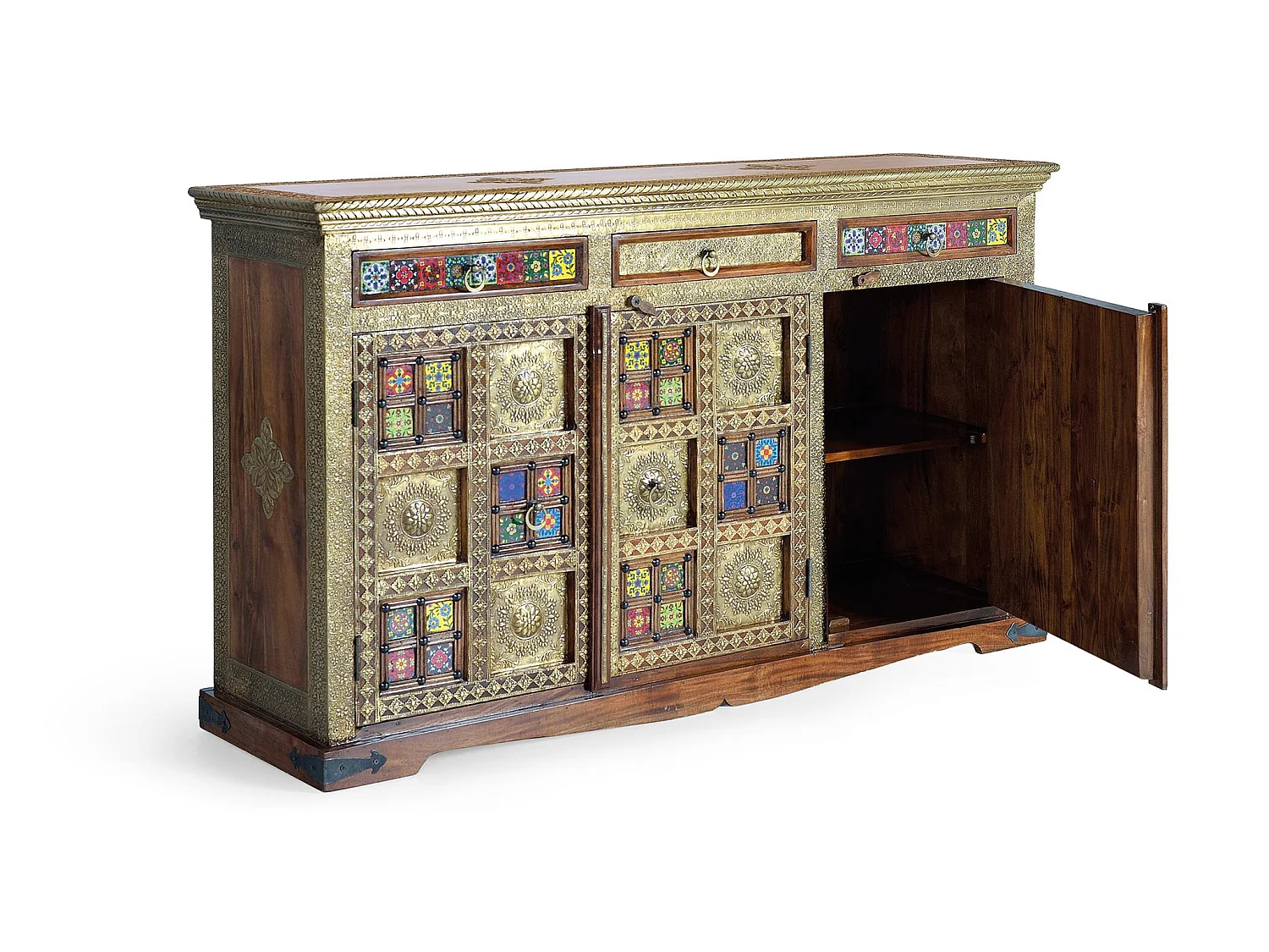 Buffet en bois d'acacia, style ethnique artisanal - 90 x 150 x 40