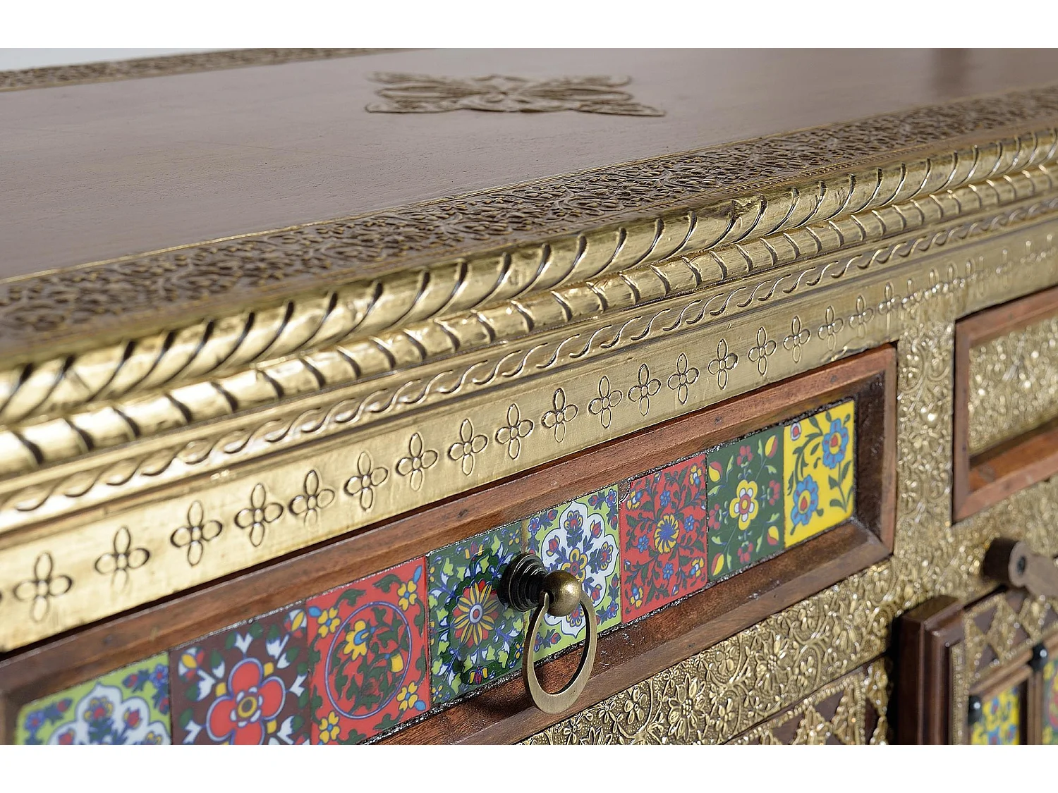 Buffet en bois d'acacia, style ethnique artisanal - 90 x 150 x 40
